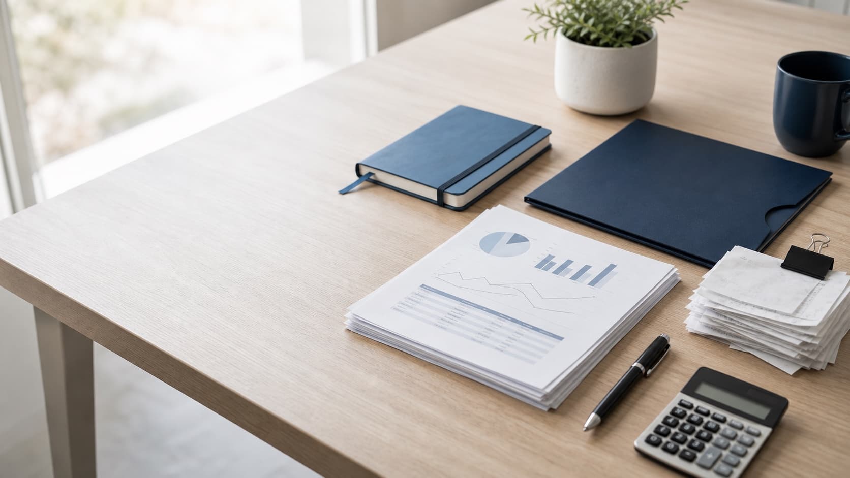 Organized bookkeeping desk with reports, receipts, and a navy folder
